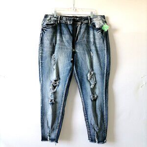 Elite Jeans Dark Blue Pull On Destructed Frayed Ankle Skinny Jeans Size 3X